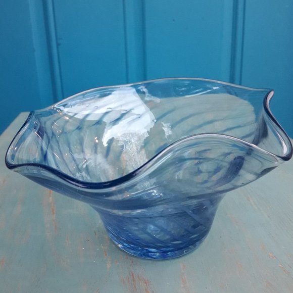 Murano Glass Art Bowl Bubbles Swirls of Blue Glass Clear Signed by Artist italy - Picture 2 of 16